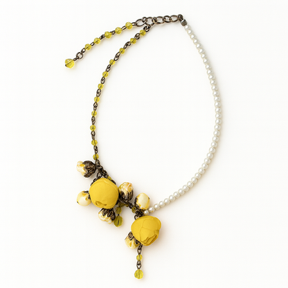 Bronze Floral Pearl Collar Statement Necklace with Sunglow Cotton & Silk Roses and Genuine Crystals