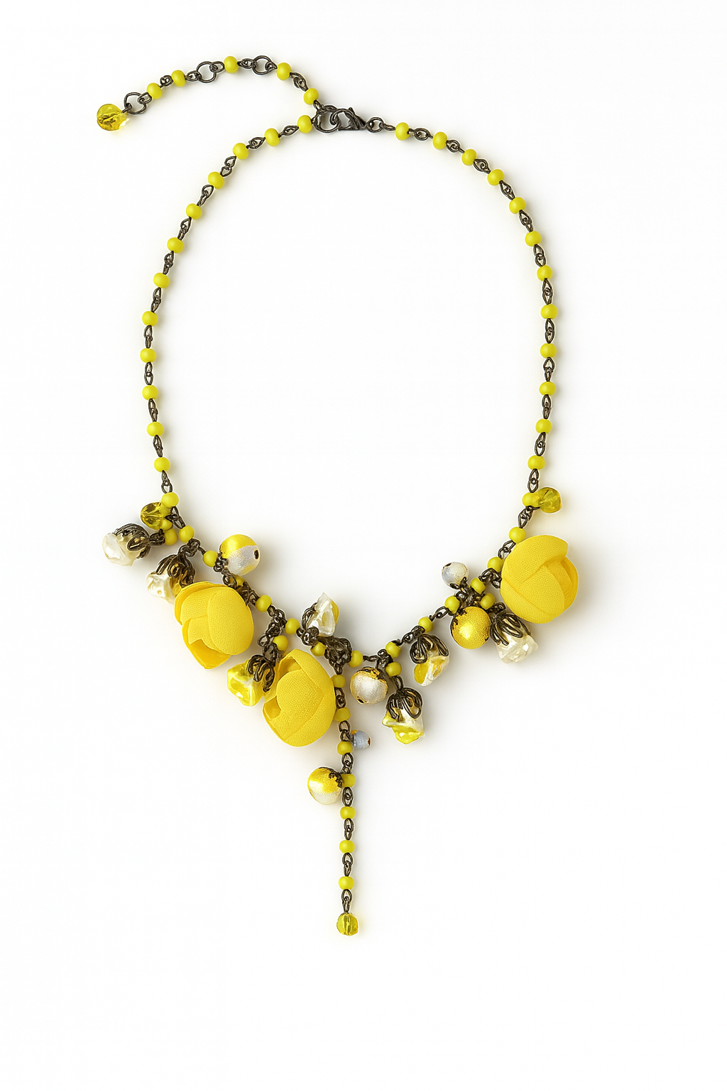 Bronze Floral Collar Statement Necklace with Sunglow Cotton & Silk Roses & Genuine Crystals