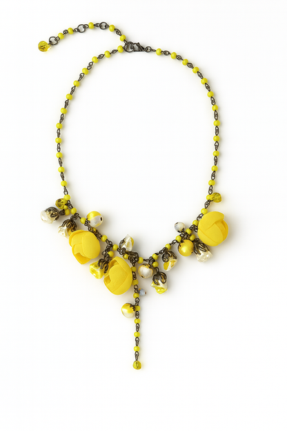 Bronze Floral Collar Statement Necklace with Sunglow Cotton & Silk Roses & Genuine Crystals