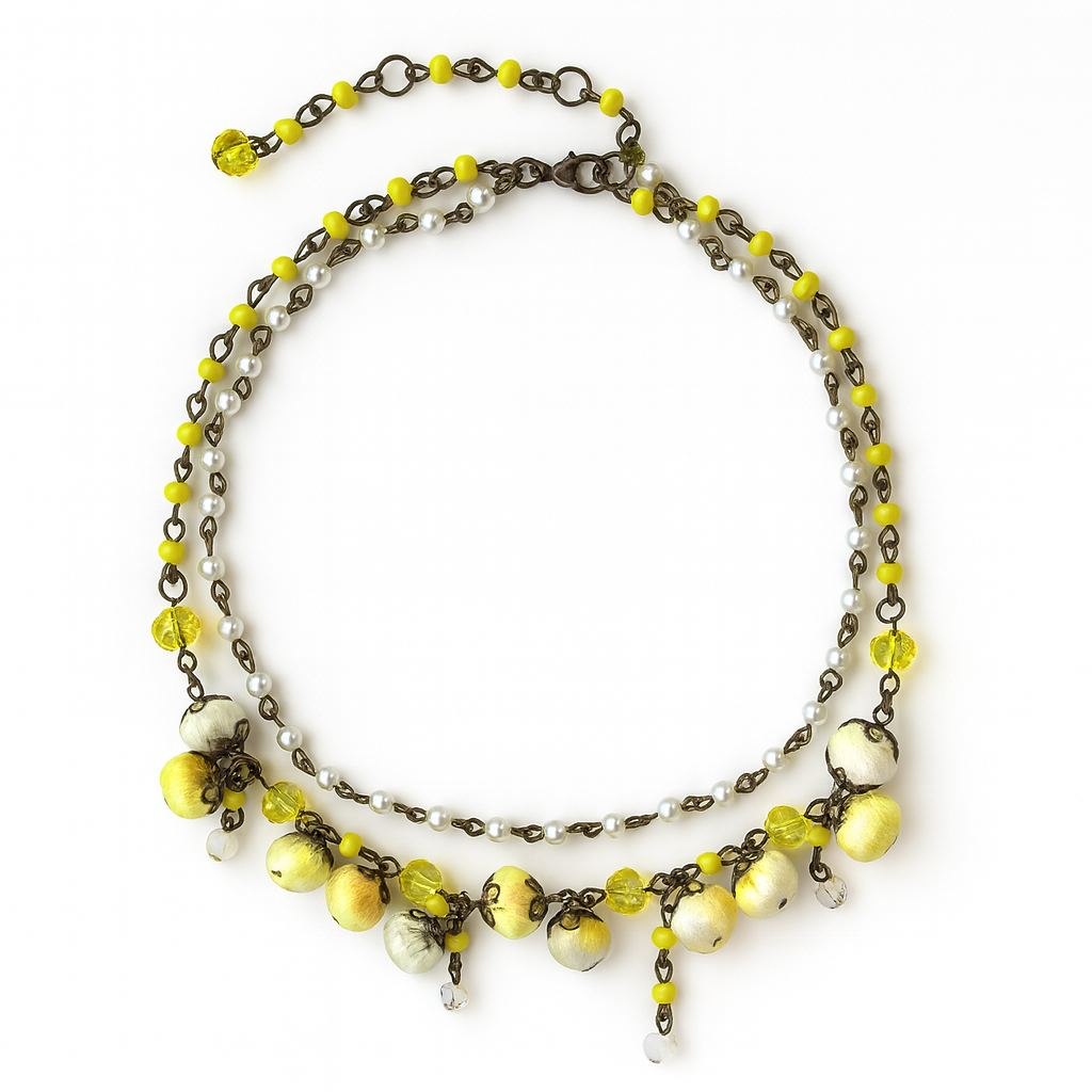 Bronze Floral Collar Statement Necklace with Sunglow Cotton Flowers & Genuine Crystals