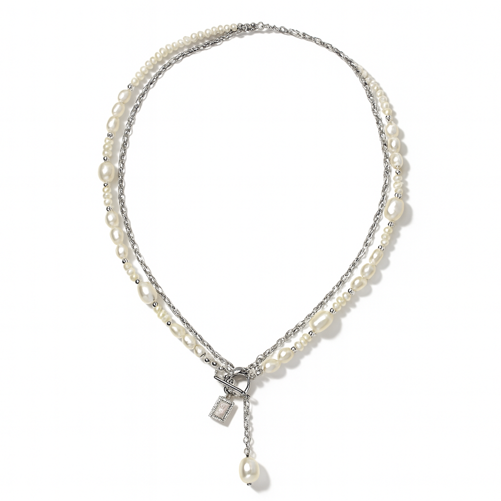 Stainless Steel Freshwater Pearl Double Necklace with Rectangle Zirconium Pendant