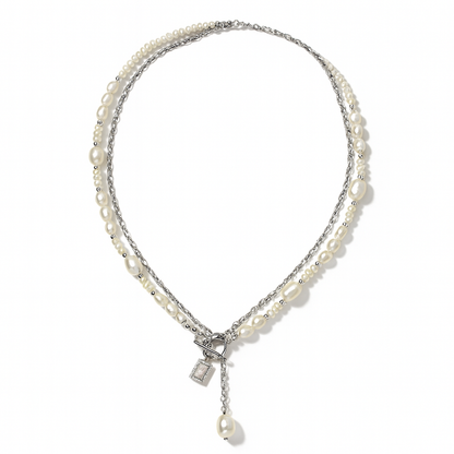 Stainless Steel Freshwater Pearl Double Necklace with Rectangle Zirconium Pendant