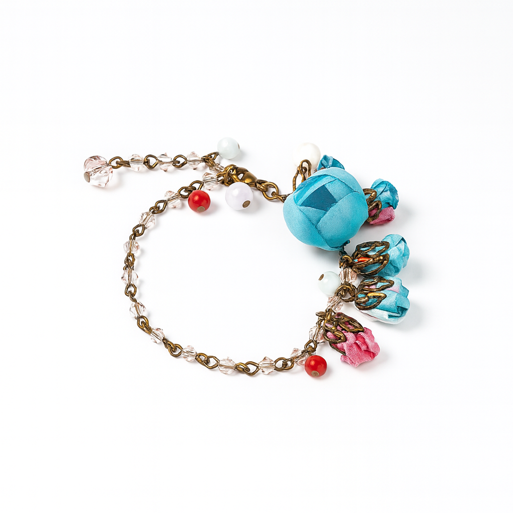 Bronze Floral Statement Bracelet with Ruby Ciel Cotton & Silk Flowers & Genuine Crystals