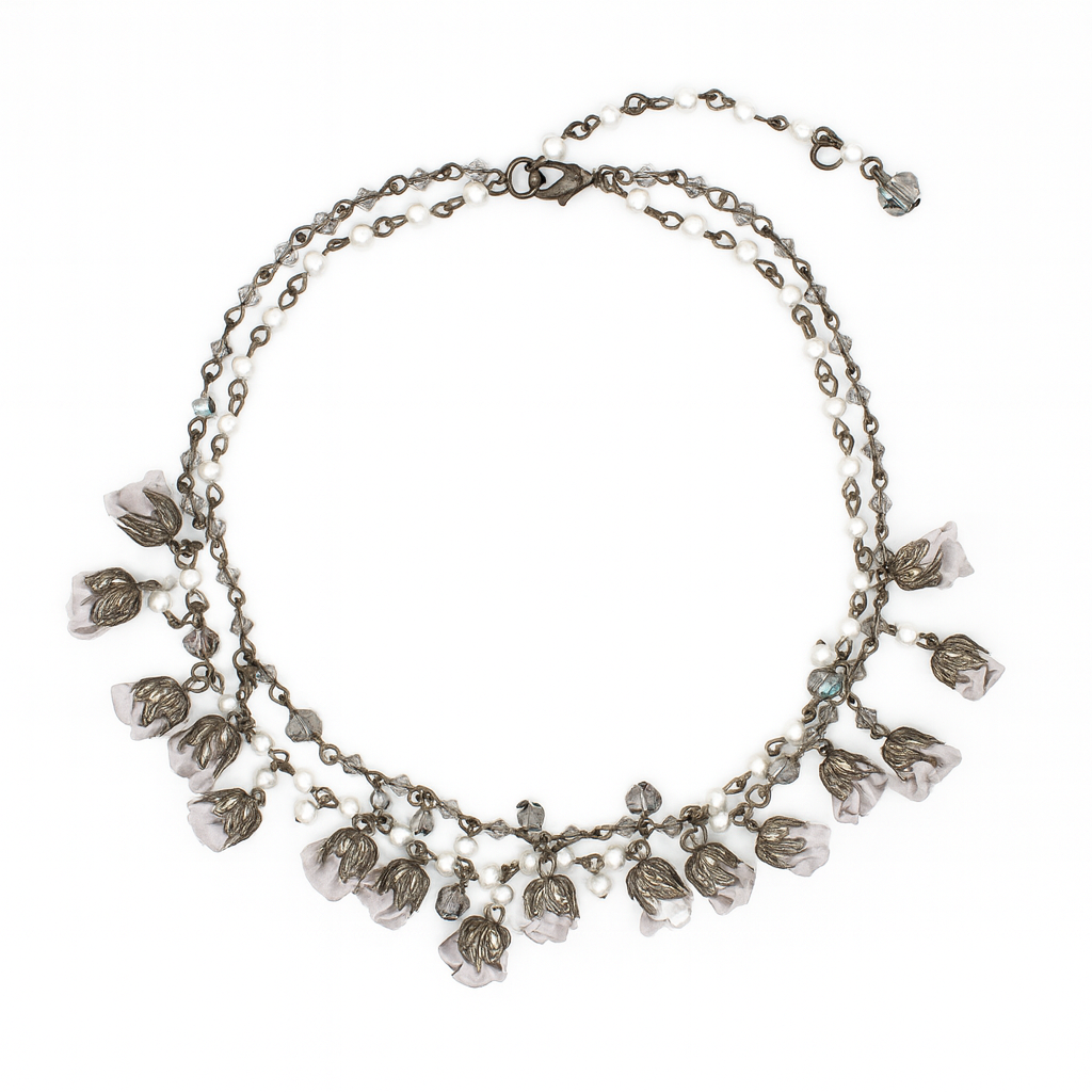 Bronze Pearl Floral Collar Statement Necklace with Almond Silk Flowers & Genuine Crystals