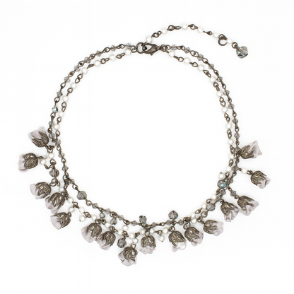 Bronze Pearl Floral Collar Statement Necklace with Almond Silk Flowers & Genuine Crystals