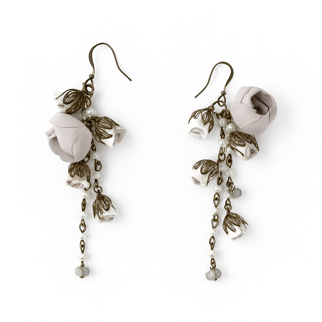 Bronze Pearl Dangle Earrings with Almond Cotton & Silk Roses and Genuine Crystals