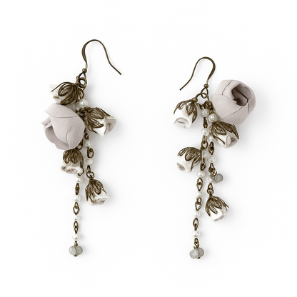 Bronze Pearl Dangle Earrings with Almond Cotton & Silk Roses and Genuine Crystals