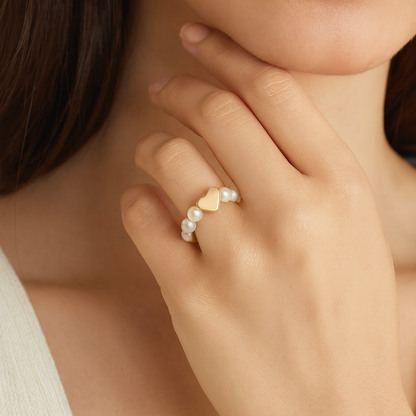 18K Gold Pearl Heart Pendant Ring