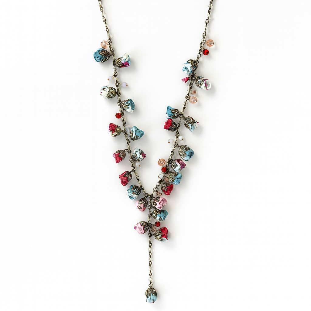 Bronze Long Floral Statement Necklace with Ruby Ciel Cotton Roses & Genuine Crystals