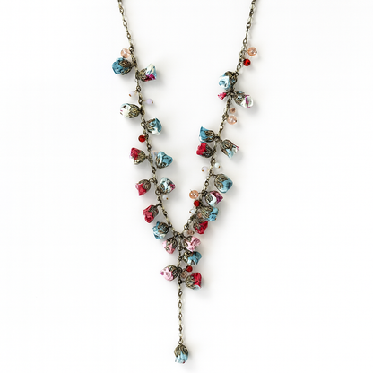 Bronze Long Floral Statement Necklace with Ruby Ciel Cotton Roses & Genuine Crystals