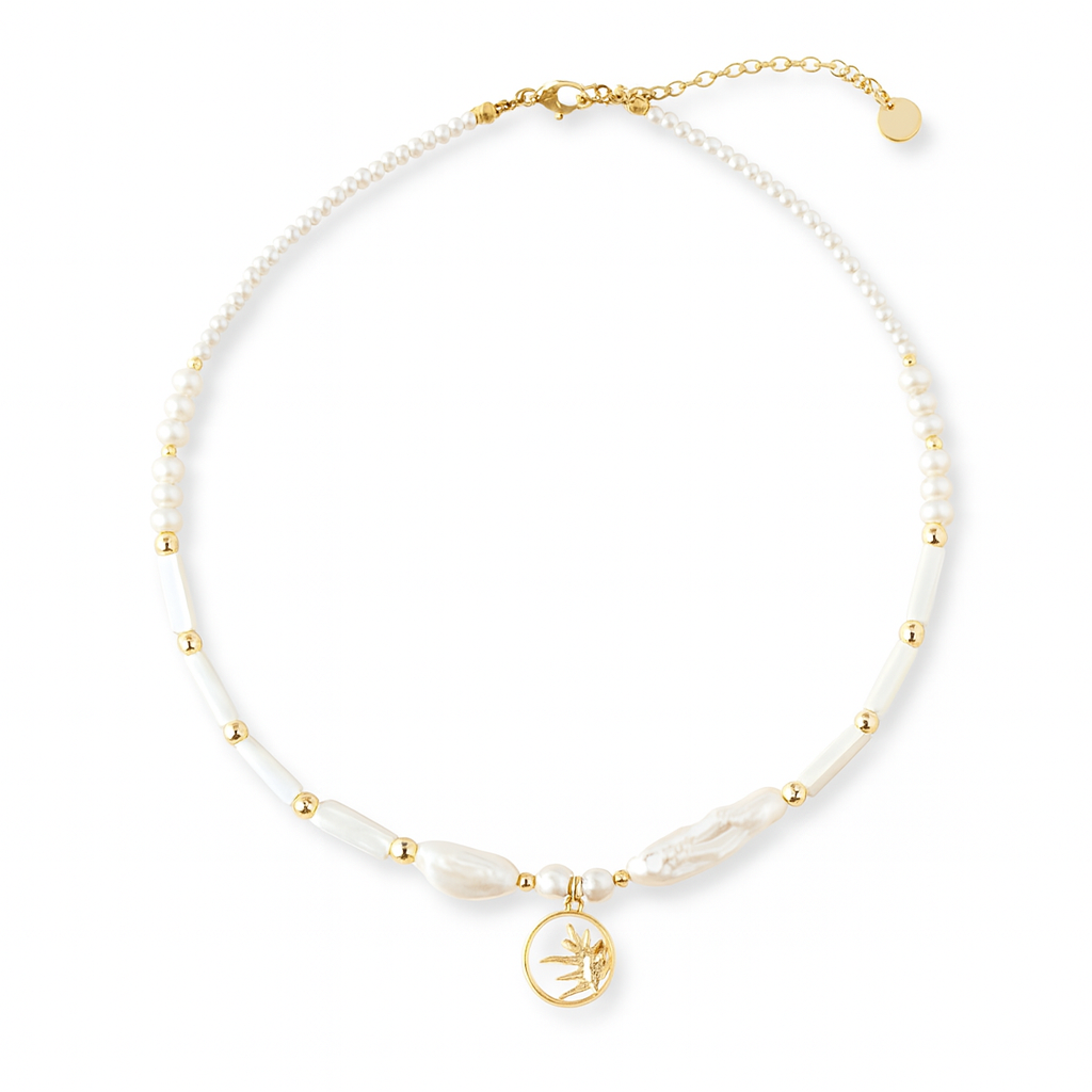 18K Gold Sun Medallion Freshwater Pearl Necklace