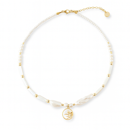 18K Gold Sun Medallion Freshwater Pearl Necklace