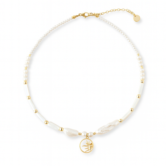 18K Gold Sun Medallion Freshwater Pearl Necklace