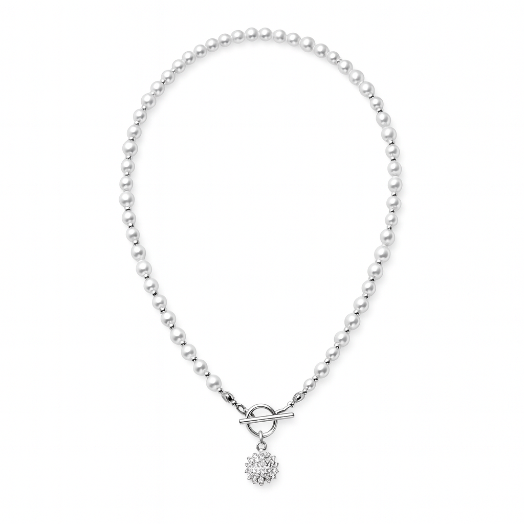 Stainless Steel Freshwater Pearl Toggle Necklace with Oval Zirconium Starburst Pendant