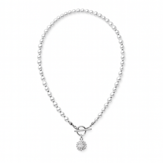 Stainless Steel Freshwater Pearl Toggle Necklace with Oval Zirconium Starburst Pendant