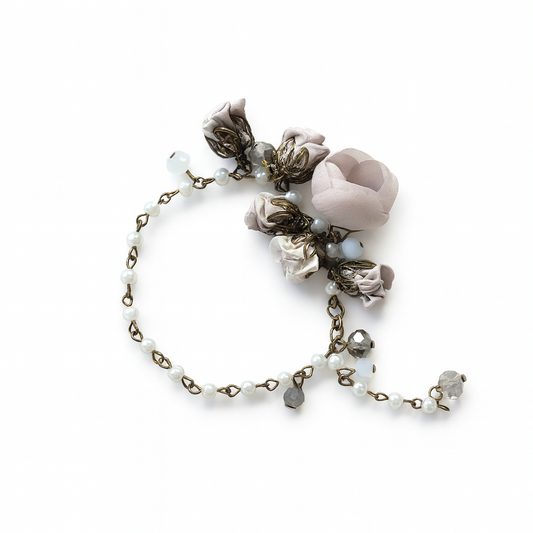 Bronze Pearl Floral Statement Bracelet with Almond Cotton & Silk Flowers & Genuine Crystals