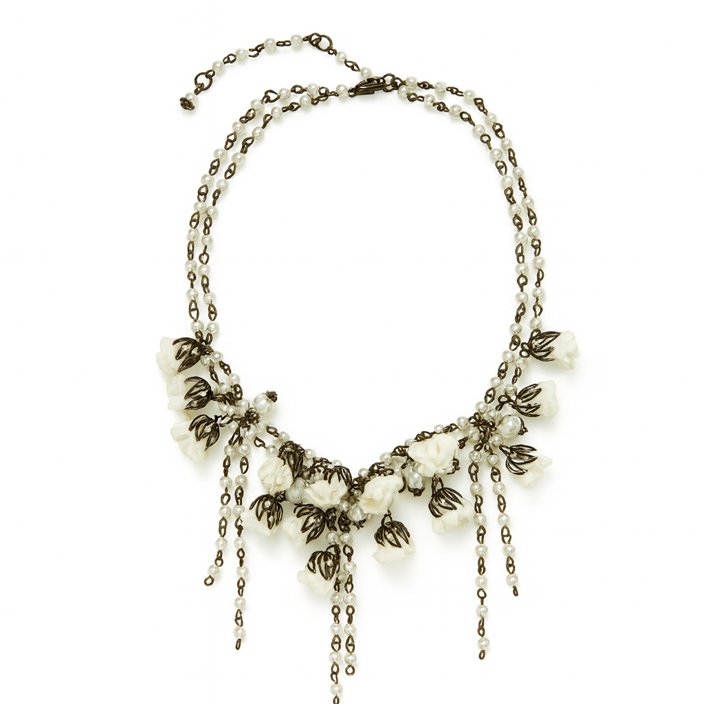 Bronze Couture Creme Floral Necklace with Silk Flowers and Freshwater Pearls