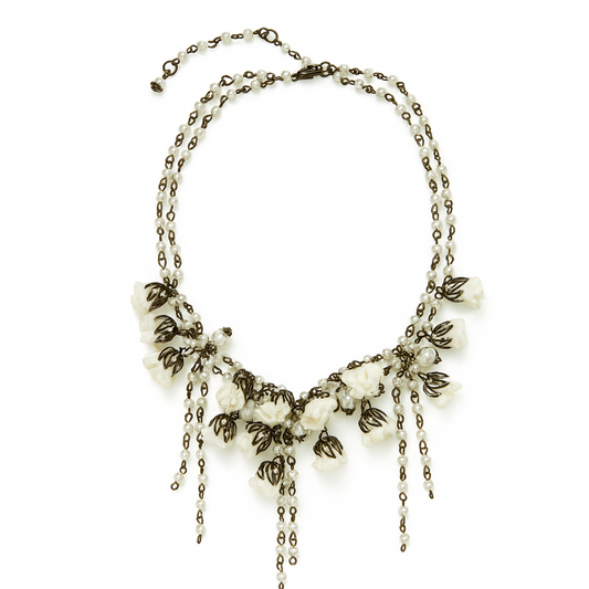 Bronze Couture Creme Floral Necklace with Silk Flowers and Freshwater Pearls