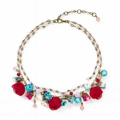 Bronze Floral Ruby Ciel Statement Collar Necklace with Cotton & Silk Roses and Genuine Crystals