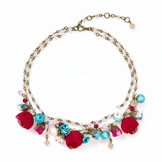 Bronze Floral Ruby Ciel Statement Collar Necklace with Cotton & Silk Roses and Genuine Crystals