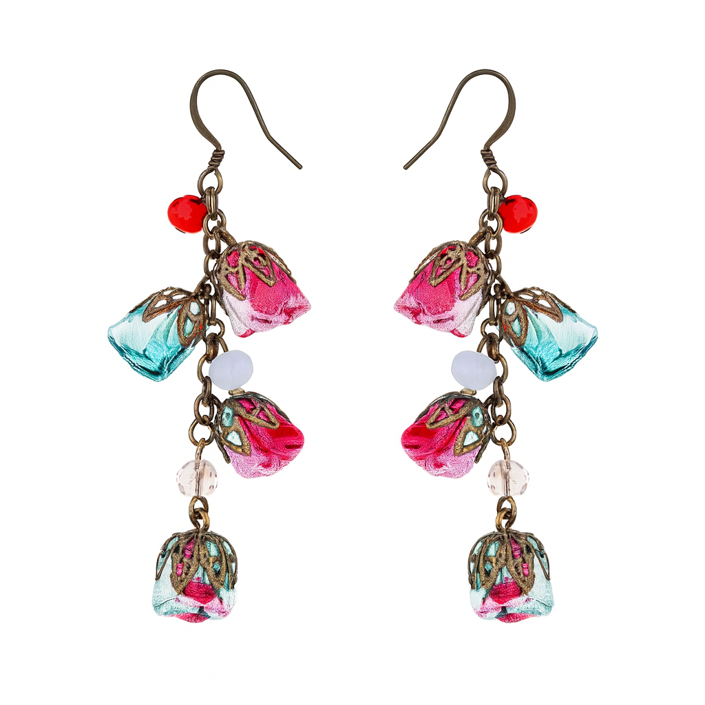Bronze Floral Statement Earrings with Ruby Ciel Silk Roses & Genuine Crystals