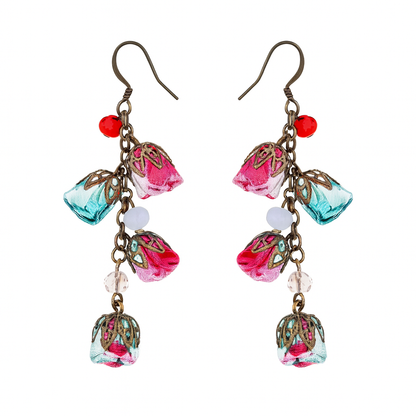 Bronze Floral Statement Earrings with Ruby Ciel Silk Roses & Genuine Crystals