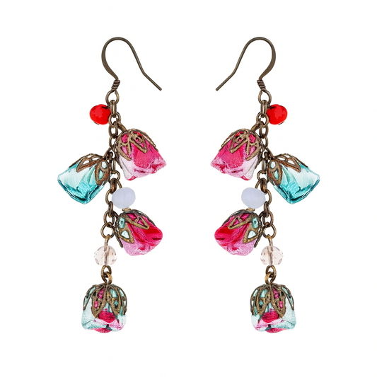 Bronze Floral Statement Earrings with Ruby Ciel Silk Roses & Genuine Crystals