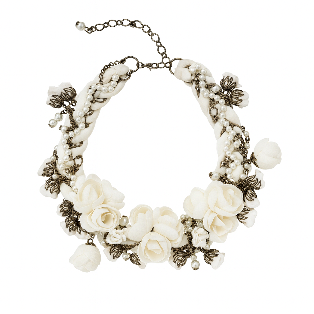 Bronze Couture Creme Floral Necklace with Silk & Cotton Flowers and Freshwater Pearls
