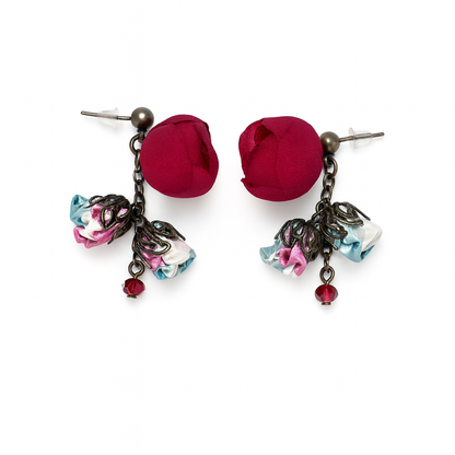 Bronze Floral Ruby Ciel Drop Earrings with Cotton & Silk Flowers and Genuine Crystals