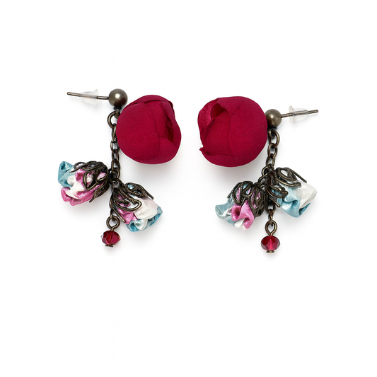 Bronze Floral Ruby Ciel Drop Earrings with Cotton & Silk Flowers and Genuine Crystals