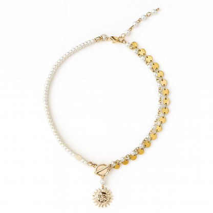 18K Gold Celestial Sun Pendant Pearl Necklace