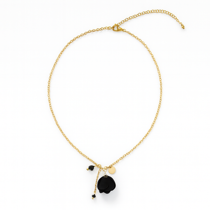 18K Gold Floral Statement Necklace with Black Cotton Rose Pendant & Genuine Crystals