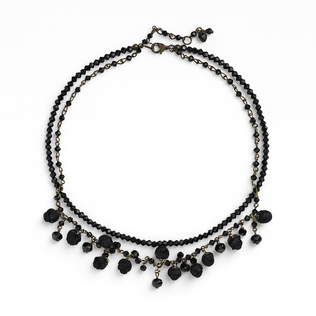 Bronze Floral Layered Statement Necklace with Black Cotton Roses & Genuine Crystals