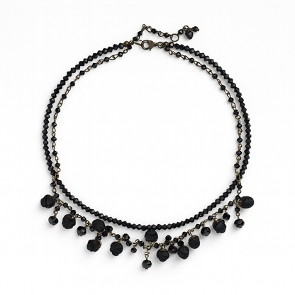 Bronze Floral Layered Statement Necklace with Black Cotton Roses & Genuine Crystals