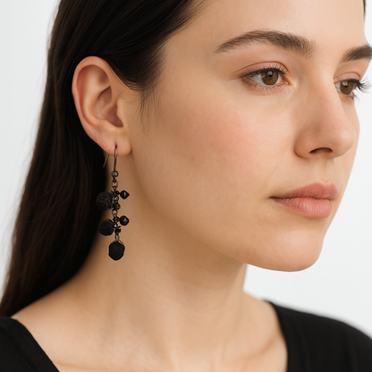 Bronze Drop Earrings with Black Cotton Roses & Genuine Crystals