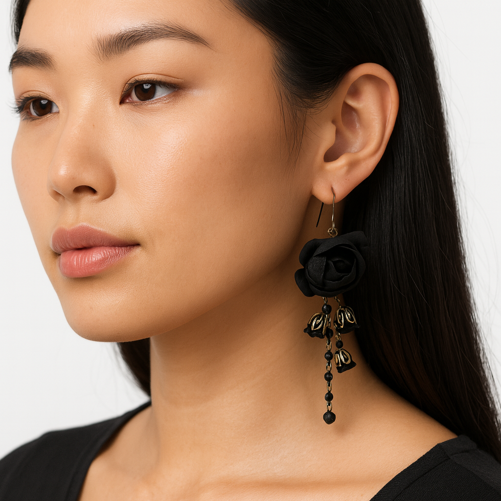 Bronze Dangle Earrings with Black Cotton & Silk Roses and Genuine Crystals