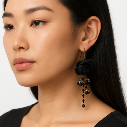 Bronze Dangle Earrings with Black Cotton & Silk Roses and Genuine Crystals