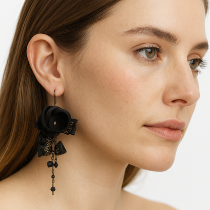 Bronze Floral Dangle Earrings with Black Cotton & Silk Roses and Genuine Crystals