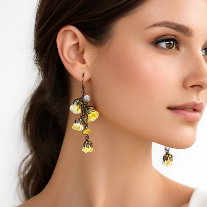 Bronze Floral Statement Earrings with Sunglow Silk Roses & Genuine Crystals