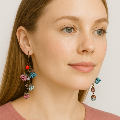 Bronze Floral Statement Earrings with Ruby Ciel Silk Roses & Genuine Crystals
